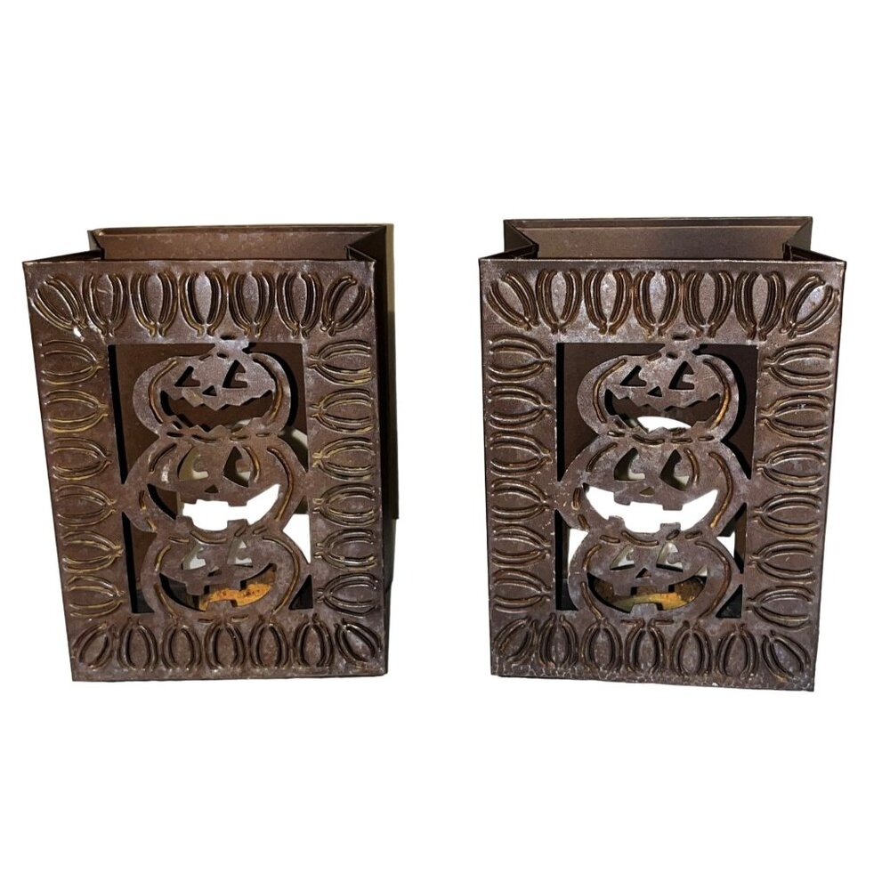 Halloween Metal Pumpkin Box Candle Tealight Holder Set of Two Rustic